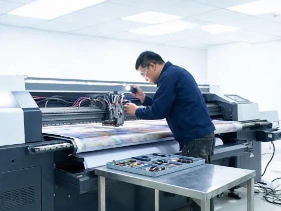 Technician inspecting ink lines on a wide-format printer