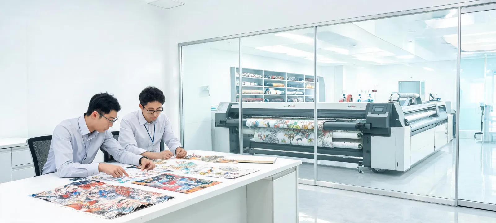Mutoh printer team reviewing color output in a production office