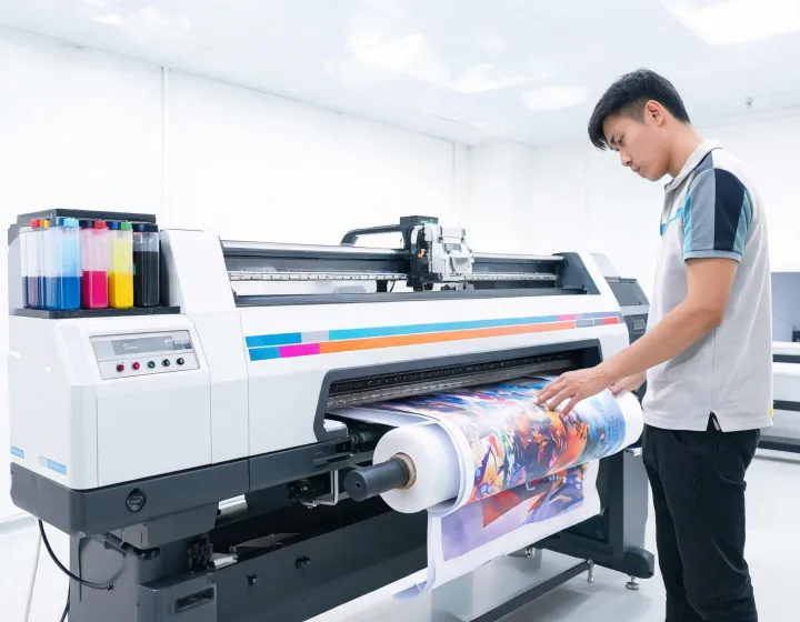 Mutoh wide-format printer producing DTF transfer film in a clean print shop
