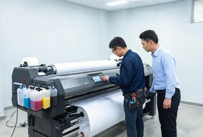 Technician reviewing a Mutoh printer control panel during setup