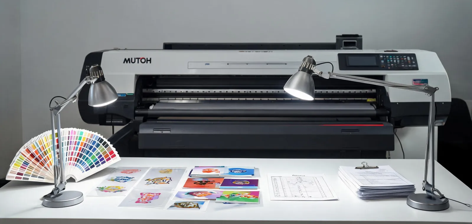 Mutoh service planning desk with printed samples and production notes